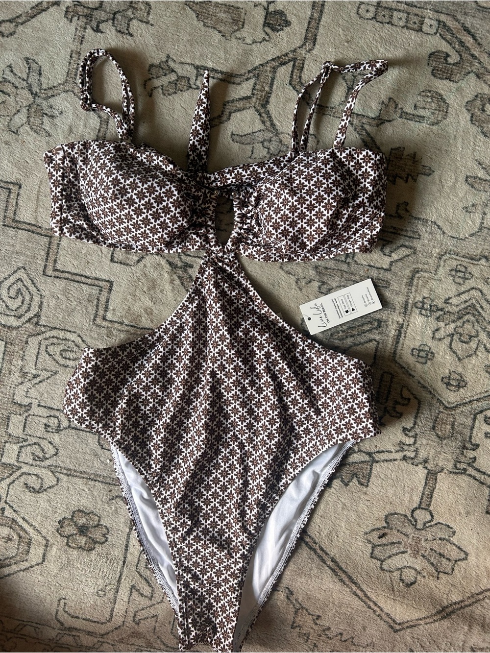 Cupshe Brown & White Floral Cutout One-Piece Swimsuit